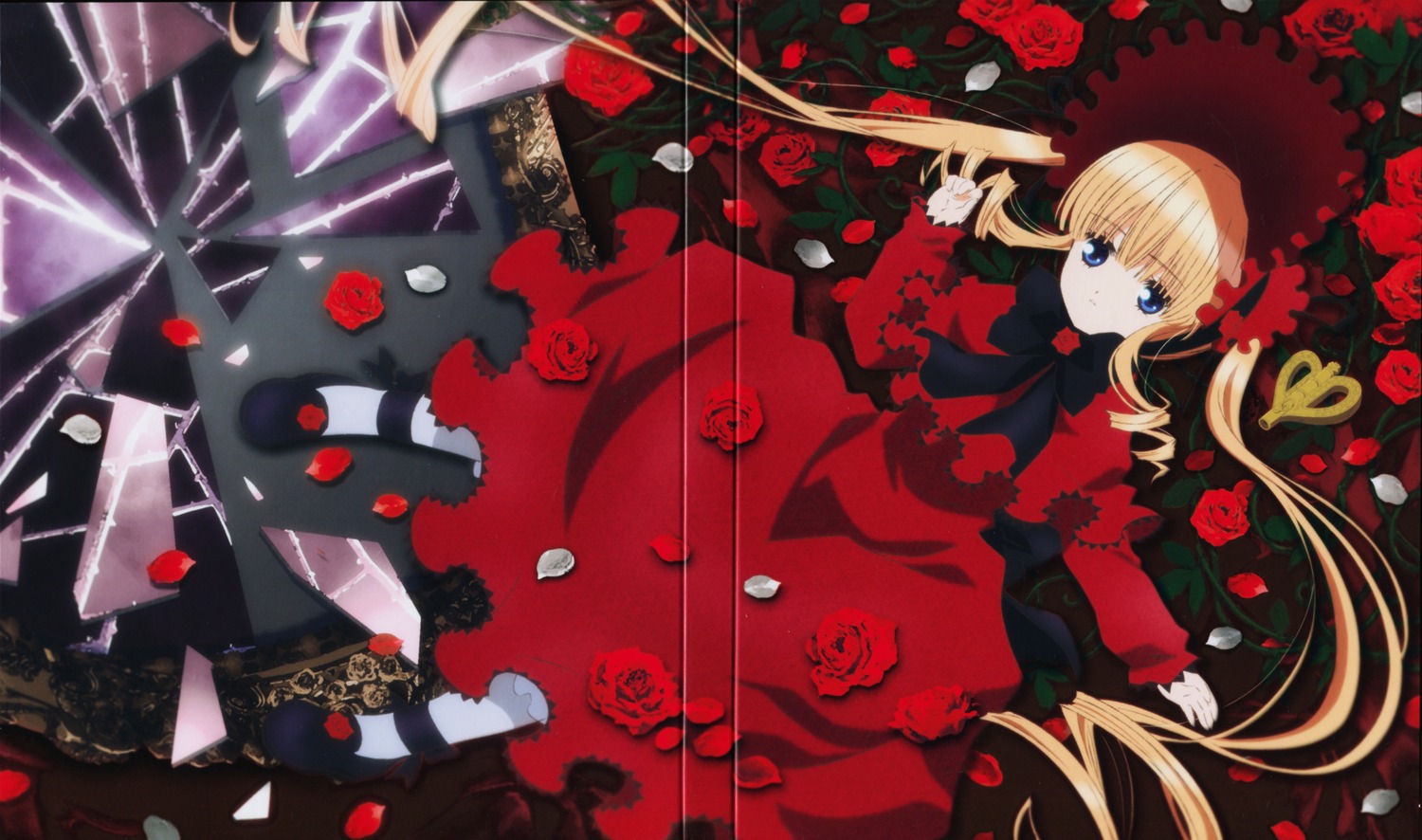 1girl blonde_hair blue_eyes bow dress drill_hair flower image long_hair looking_at_viewer lying petals red_capelet red_dress red_flower red_rose rose rose_petals shinku solo twintails