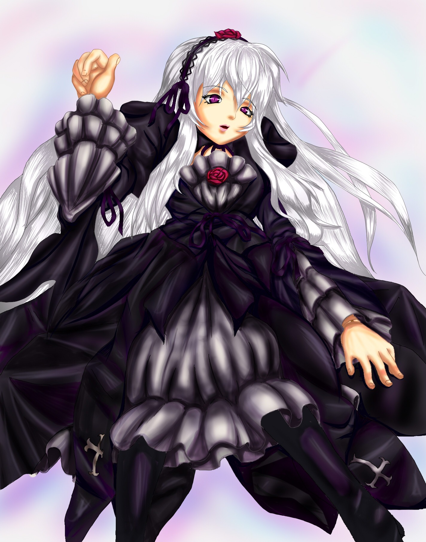 1girl black_dress boots dress flower frills gothic_lolita hairband image knee_boots lolita_fashion long_hair long_sleeves looking_at_viewer pink_eyes purple_eyes silver_hair solo suigintou very_long_hair