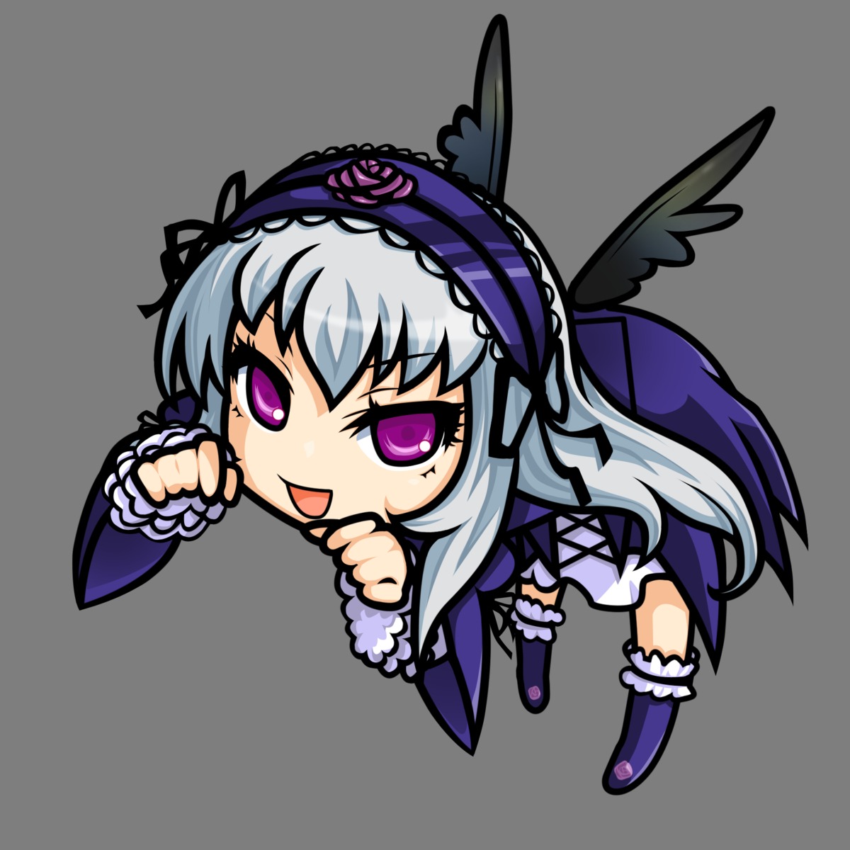 1girl black_wings chibi dress feathered_wings feathers flower frills hairband image long_hair long_sleeves open_mouth purple_eyes rose silver_hair smile solo suigintou wings