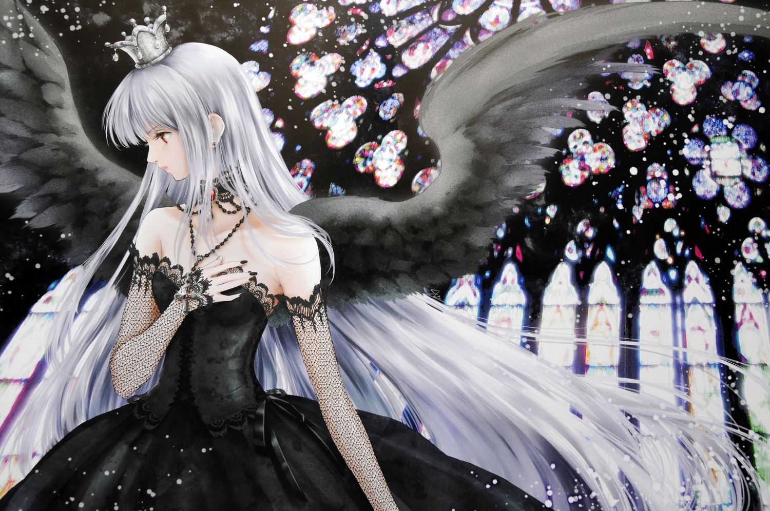 1girl angel_wings bare_shoulders black_dress black_wings crown dress elbow_gloves feathered_wings feathers fishnet_legwear fishnets gloves halo image jewelry long_hair necklace red_eyes solo solo_wing suigintou very_long_hair white_wings wings