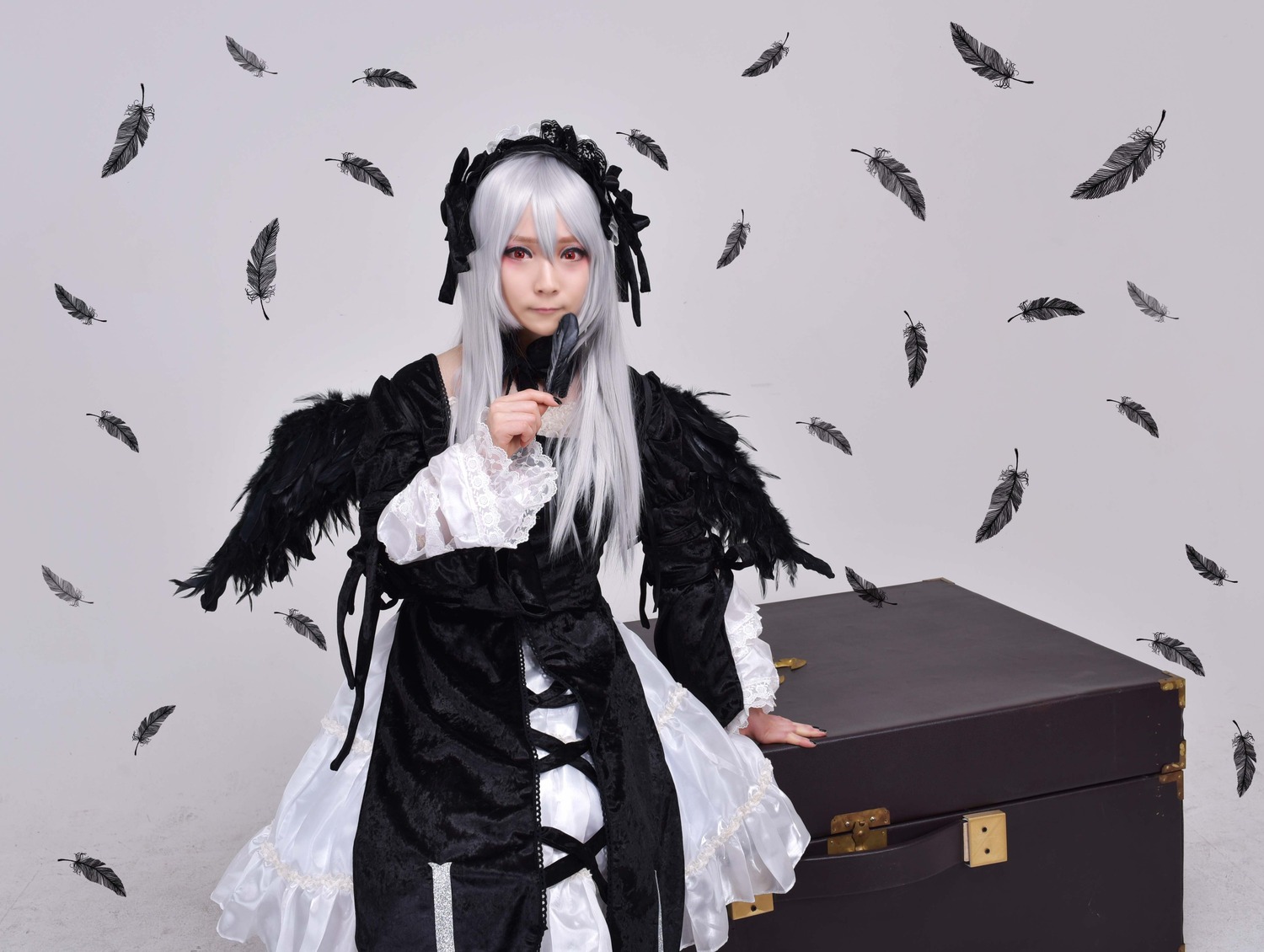 1girl bird black_dress black_feathers black_ribbon black_wings closed_mouth crow dove dress feathered_wings feathers flower frills gothic_lolita hairband long_hair long_sleeves looking_at_viewer red_eyes ribbon silver_hair solo standing suigintou white_feathers wings