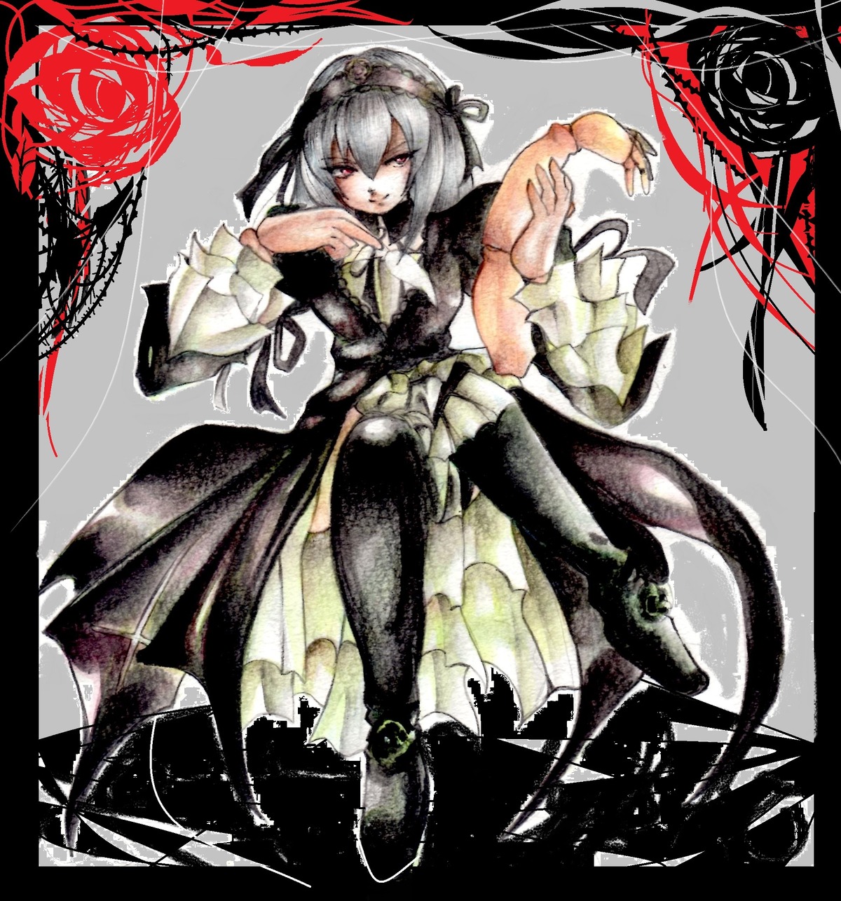 1girl boots dress flower hairband image long_sleeves looking_at_viewer ribbon rose solo suigintou thighhighs