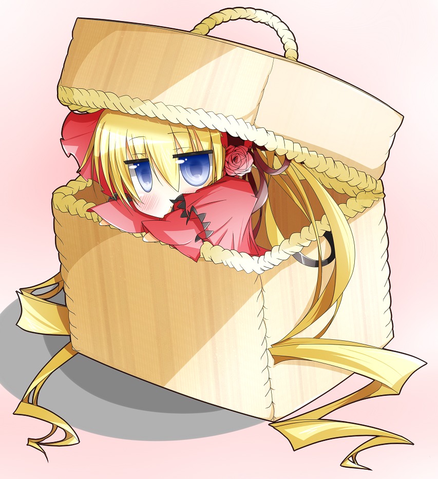 1girl blonde_hair blue_eyes blush bonnet bow chibi flower food image in_container long_hair pink_flower pink_rose red_flower red_rose rose shinku solo striped_background very_long_hair