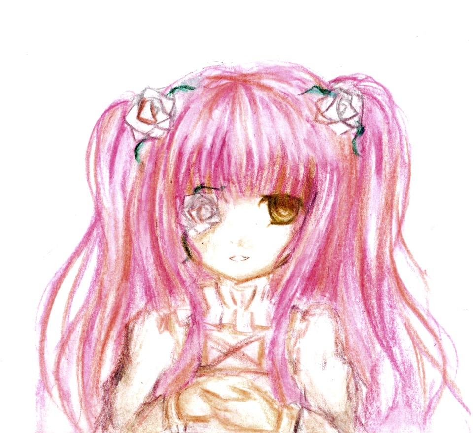 1girl dress flower hair_flower hair_ornament image kirakishou long_hair looking_at_viewer pink_hair simple_background solo two_side_up white_background white_flower yellow_eyes