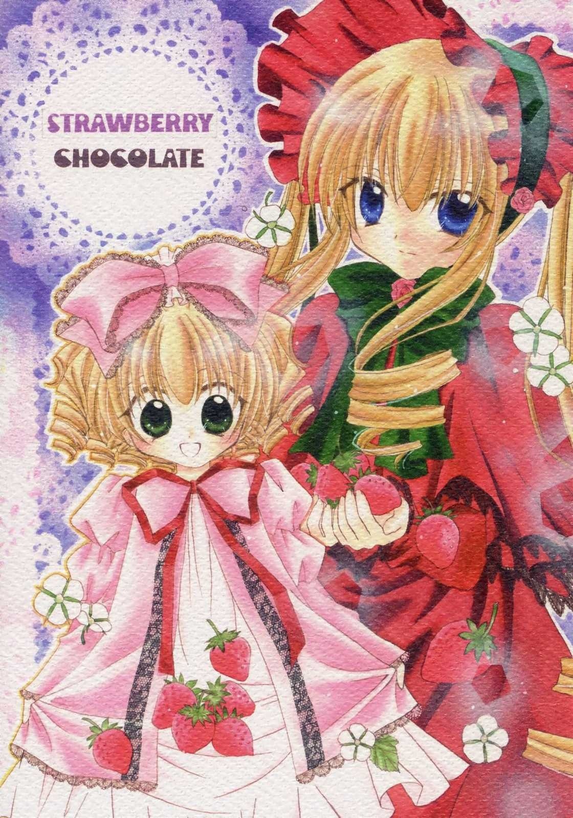 2girls :d blonde_hair blue_eyes blush bonnet bow bowtie cup dress drill_hair food frills fruit hair_bow hina_ichigo hinaichigo image long_hair long_sleeves looking_at_viewer multiple_girls open_mouth pair pink_bow shinku smile strawberry traditional_media twin_drills