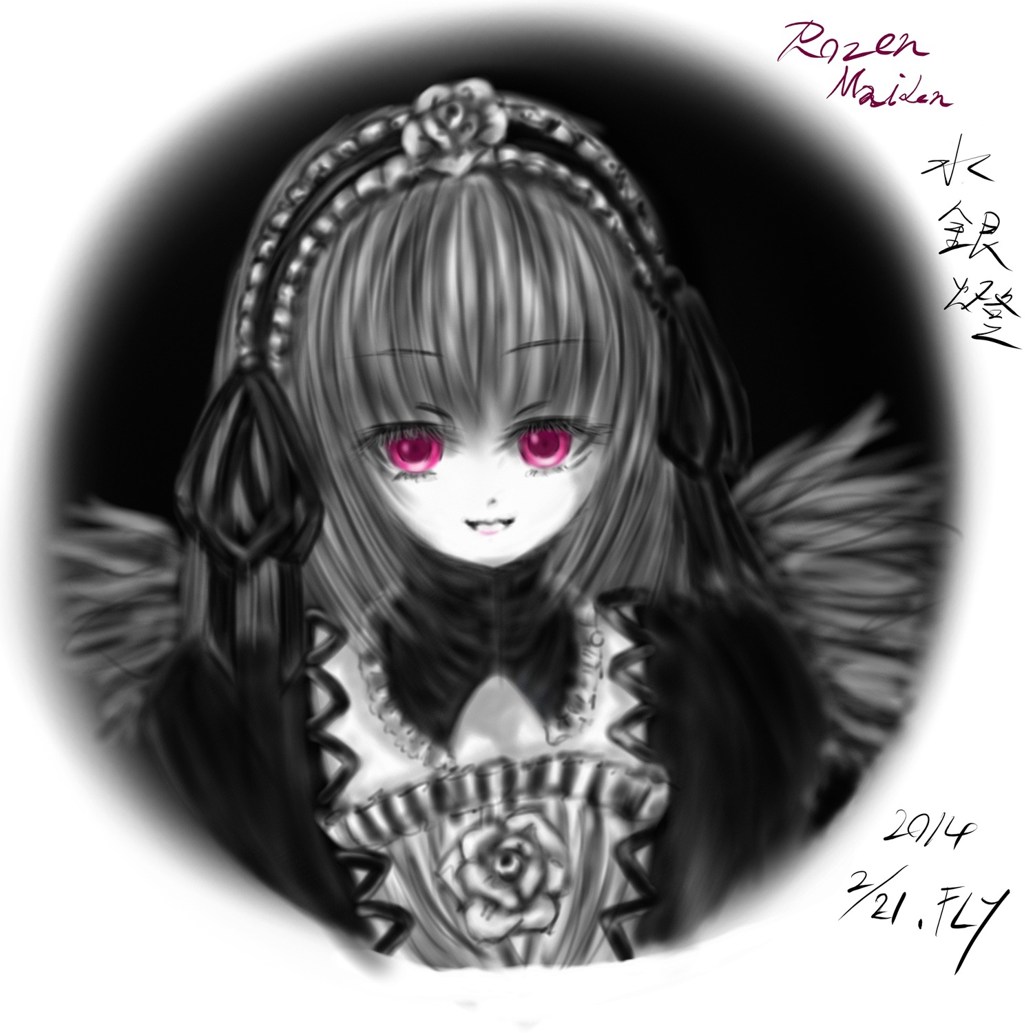 1girl :d black_wings dated flower frills hairband image lolita_hairband looking_at_viewer monochrome rose signature simple_background smile solo suigintou white_background wings