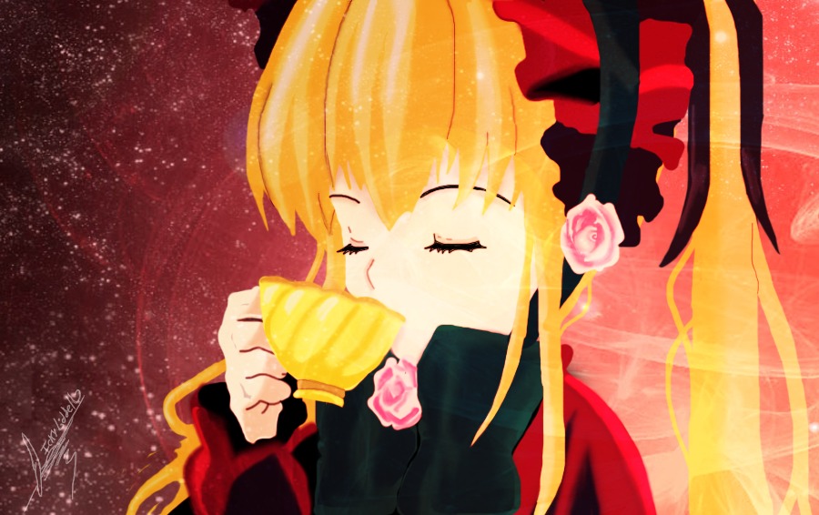 1girl blonde_hair bow closed_eyes eating flower food image pink_flower pink_rose red_rose rose shinku solo