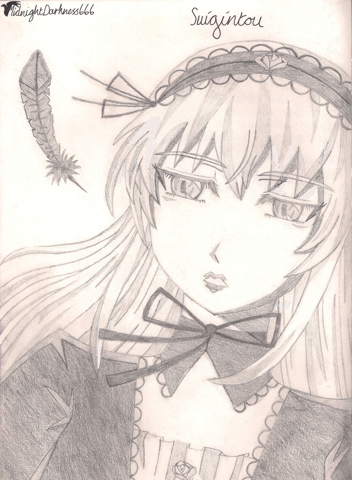 1girl auto_tagged choker graphite_(medium) hairband image long_hair looking_at_viewer monochrome ribbon solo suigintou traditional_media