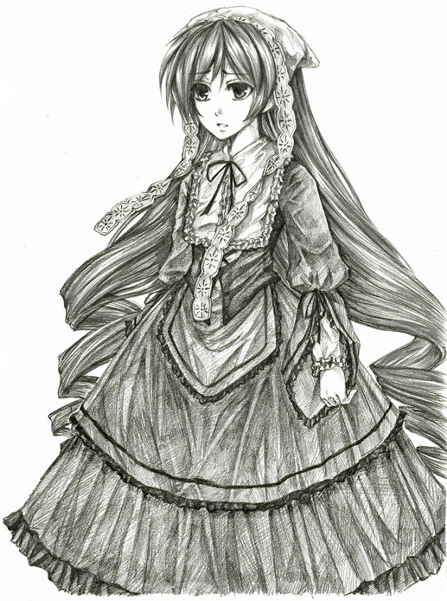 1girl dress drill_hair frills greyscale image lolita_fashion long_hair long_sleeves looking_at_viewer monochrome ribbon solo suiseiseki traditional_media twin_drills very_long_hair