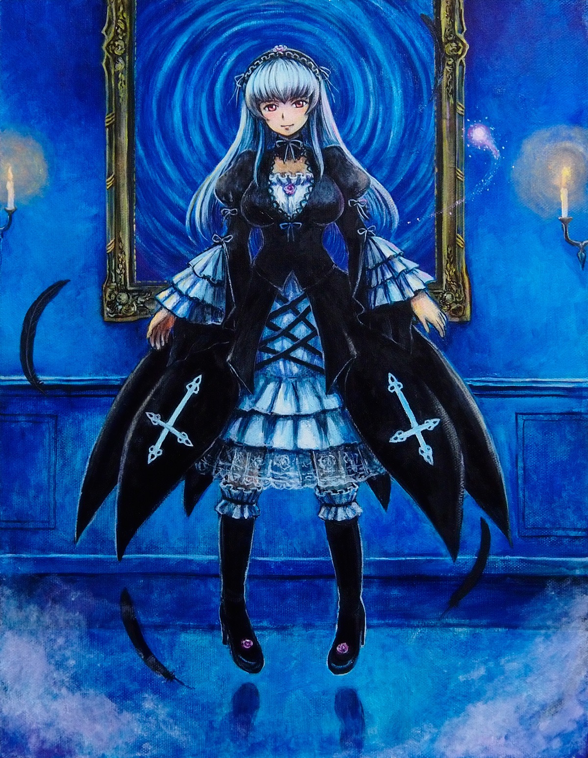 1girl blue_hair blush boots breasts commentary_request dress feathers frills gothic_lolita hairband highres image knee_boots lolita_fashion long_hair long_sleeves purple_eyes red_eyes rozen_maiden silver_hair solo suigintou tafuto traditional_media