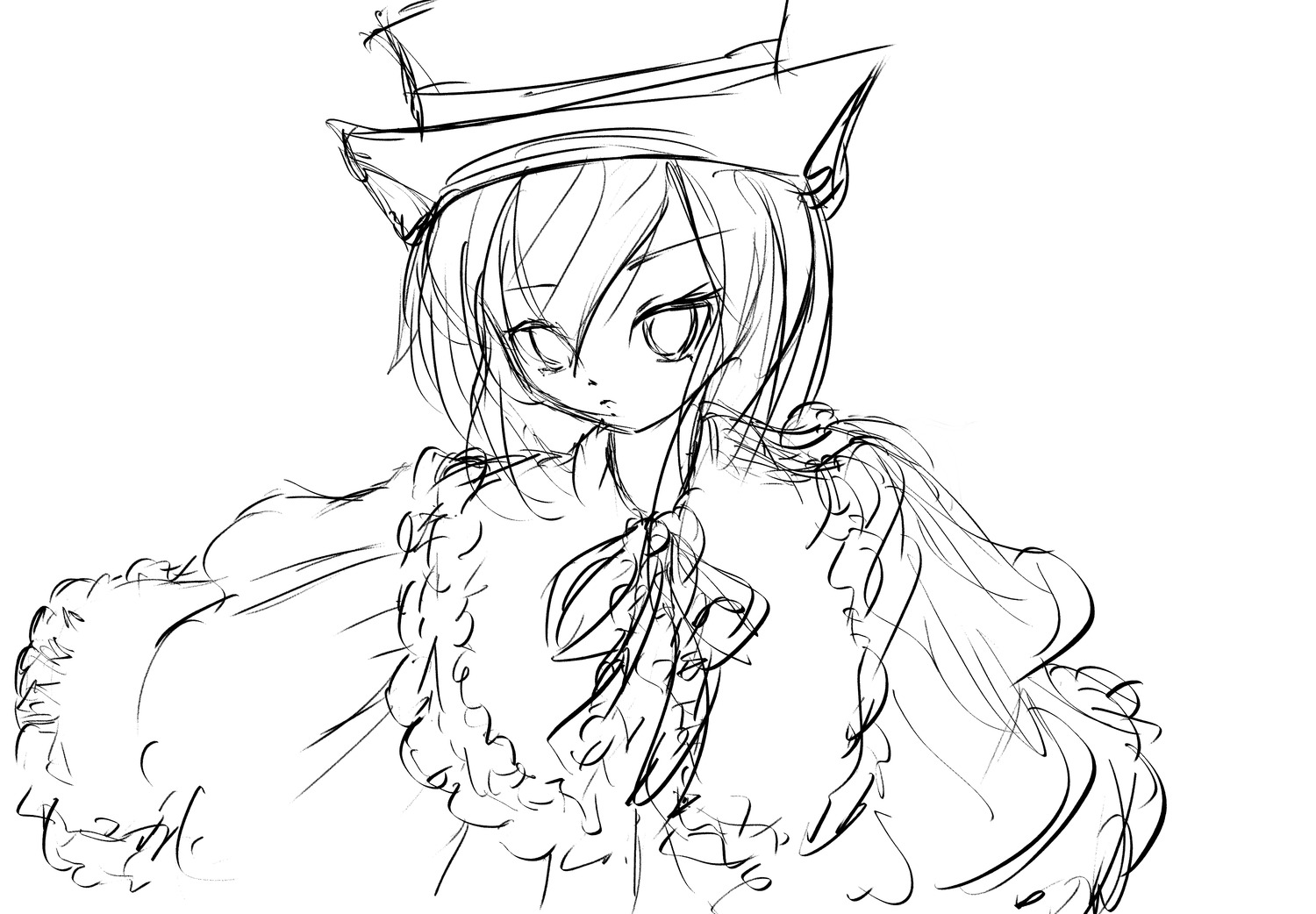 1girl animal_ears dress greyscale hat image long_sleeves looking_at_viewer monochrome sketch solo souseiseki