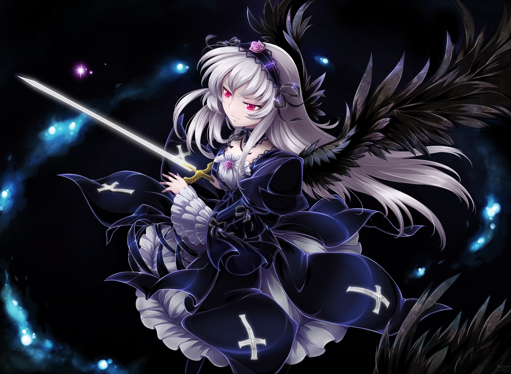 1girl black_wings commentary_request detached_collar dress flower frills hairband highres holding_sword image lolita_hairband long_hair long_sleeves meimei mtyy photoshop_(medium) pink_eyes red_eyes rose rozen_maiden silver_hair solo suigintou sword weapon wings